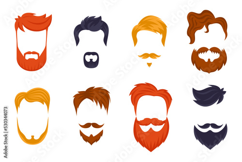 Hairstyles and beards for men flat vector illustrations set. Cartoon drawings of stylish male haircuts for hipsters, young and old characters isolated on white background. Barber shop concept