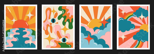 90s groovy posters. Cartoon psychedelic style. Bright hippie characters and retro elements. Trip landscapes with mountains, sun rays, planet, trip wave. Vector collection