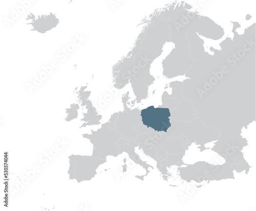 Blue Map of Poland within gray map of European continent