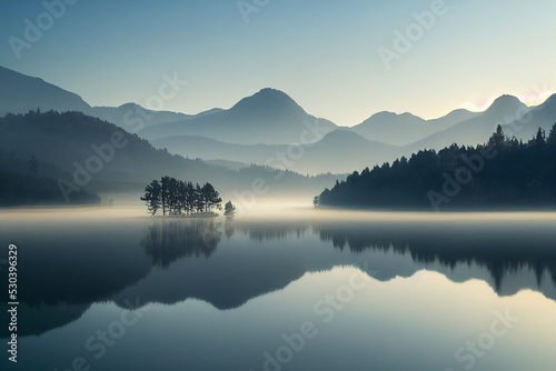 Lake panorama in a foggy morning with glaciers mountains and reflection