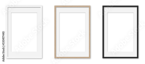 Picture frames set with white Passepartout on transparent background. White, wooden and black vertical frames, 40x60 cm. Template, mock up for your picture, artwork, poster or photo. 3d rendering.