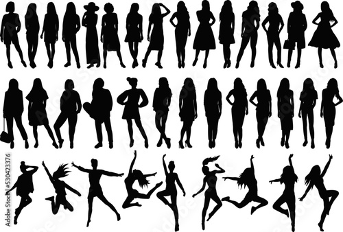 black silhouette set of woman, girl isolated vector
