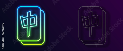 Glowing neon line Mahjong pieces icon isolated on black background. Chinese mahjong red dragon game emoji. Vector
