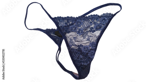 Dark blue women's lace thong isolated on white background. Elegant panties close-up. fashion underwear