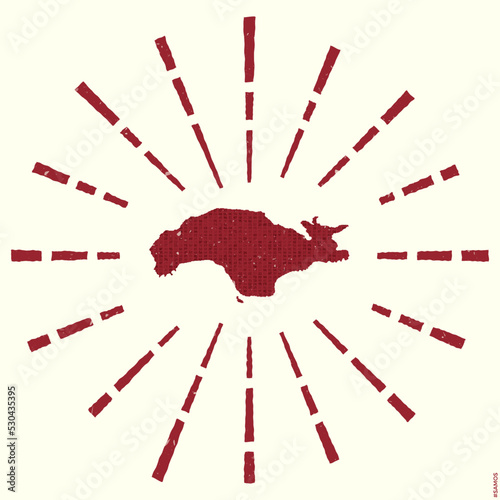 Samos Logo. Grunge sunburst poster with map of the island. Shape of Samos filled with hex digits with sunburst rays around. Elegant vector illustration.