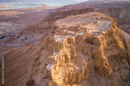 Masada. The ancient fortification in the Southern District of Israel. Masada National Park in the Dead Sea region of Israel. The fortress of Masada. Drone Point of View.