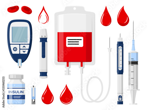 Diabetes, blood donation and insulin injection, vector medical icons. Diabetic test for glucose or sugar level, diabetes syringe and glucometer with blood plasma container bag for transfusion
