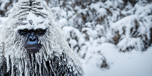 Yeti, hairy Bigfoot in snowy landscape, 3d illustration