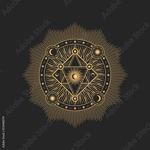 Occult esoteric symbol, magic talisman with moon and star, sun occultism. Vector alchemy magic sign, masonic or freemason mystic amulet