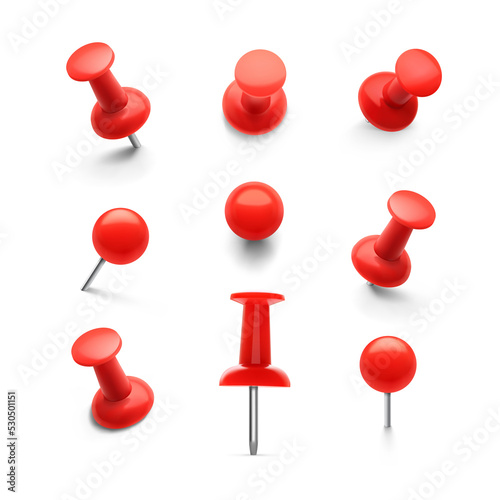 Set of push pins in different angles. Illustration on transparent background. 