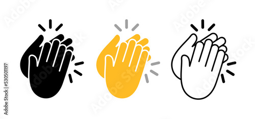 Hand clap. Icon of applause. Black, yellow and white icons of hands claps isolated on white background. Silhouettes of applaud. Symbol for congratulations, celebration and success. Vector