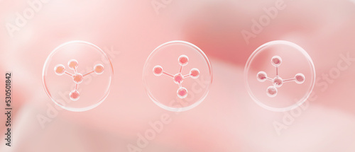 Molecule atoms structure inside bubbles on pink skin background. Cosmetics skincare or human skin treatment and solution. 3d illustration rendering
