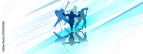Abstract horizontal background for placing text. Dynamic diagonal pattern in light saturated blues. Sport banner with kid hockey players.