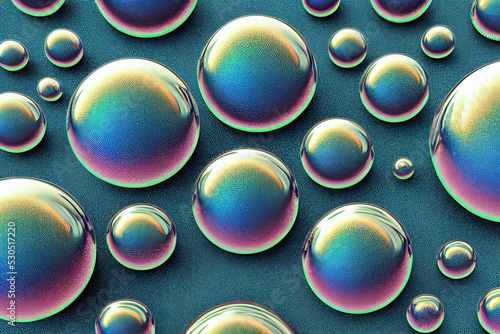 Iridescent iridescent drops of liquid on the surface. Abstract concept background pattern design. Rainbow spheres. Chemistry, science, nature. Creative digital illustration.