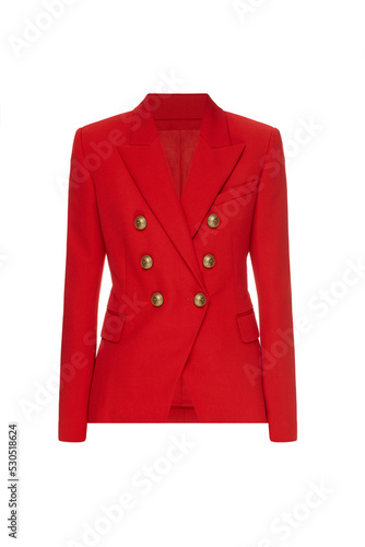 Ghost mannequin. Red women's business blazer without human model. Female office classic jacket, coat for ladies with golden buttons and long sleeves isolated on white background. Mock up, template