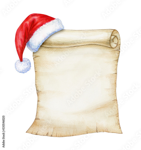 Old paper manuscript or papyrus scroll, with Santa Claus cap, isolated on white background. Watercolor illustration.