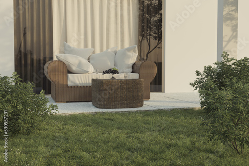 3D rendering of beautiful terrace with rattan furniture and green lawn