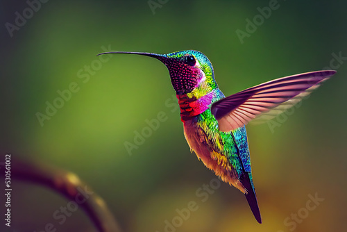 Flying hummingbird with green forest in background. Small colorful bird in flight. Digital art