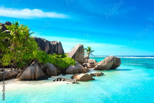 Paradise beach on the island of La Digue in the Seychelles. Anse Source D'Argent