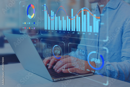 Analyst working on business analytics dashboard with KPI, charts and metrics to analyze data and create insight reports for executives and strategical decisions. Operations and performance management.