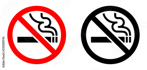 No smoking icon set. Cigar, tobacco prohibition symbol. Cigarette smoke forbidden, no smoking area warning sign.
