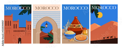 Set of morocco guide posters. Banners with tourist attractions of country, national cuisine and architecture, desert dunes with camels. Cartoon flat vector collection isolated on white background