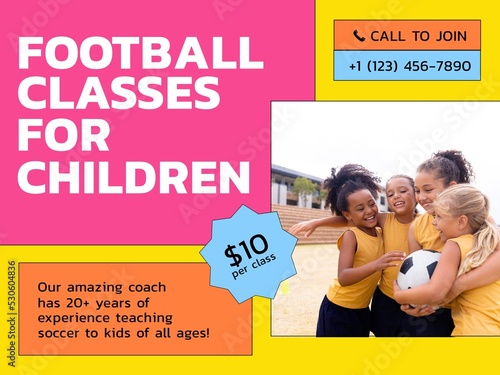 Composition of football classes for children text with diverse children on yellow background