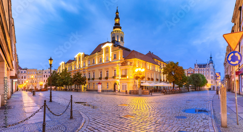 Market Square during morning blue hour in Old Town of Swidnica, Silesia, Poland.