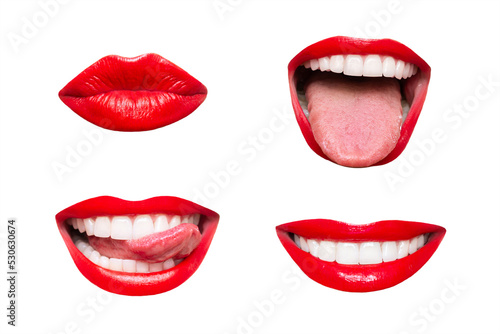 Set of woman's mouths with red glossy lips smiling, showing tongue, kissing isolated on a white background. Smiles, joy, laughter, positive emotions. Contemporary art. Modern design. Trendy icons