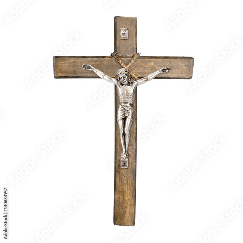 Wooden Christian crucifix of Jesus Christ isolated