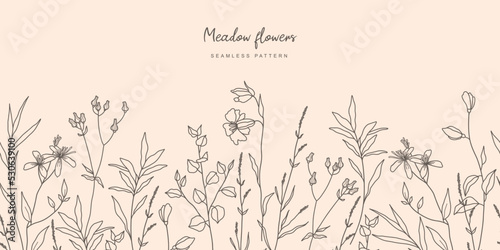 Botanical seamless background with trendy meadow greenery and flowers. Vintage foliage pattern for wedding invitation, wall art and card template. Vector illustration in hand drawn line art style