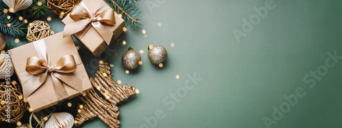 New Year banner with Christmas gift boxes and golden decorations on khaki background.