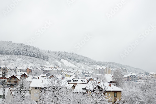 Cozy small European town on a snowy winter day. Village houses and forest are covered with fresh snow.