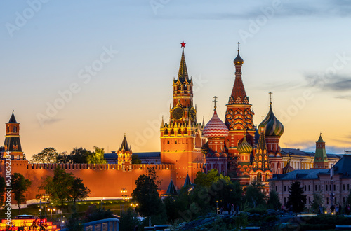 Moscow Kremlin and St. Basil's Cathedral at night, Russia. Moscow's main tourist attraction. Evening view of the sights of Moscow in summer. Panorama of the center of Moscow at dusk.