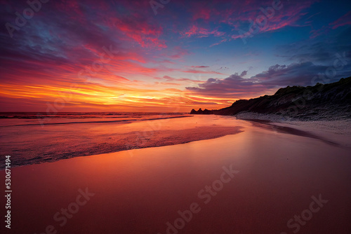 Beautiful beach sunset, colorful clouds and waves