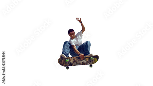 Skateboarder doing a trick isolated on white background