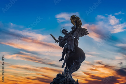 Fountain with a sculpture of Archangel Michael in the park Volodymyr Hill in Kyiv, Ukraine