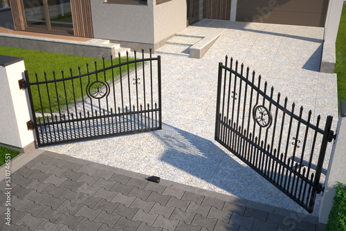 Automatic double leaf gate and house, top view - 3d illustration