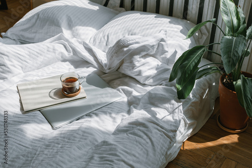 Aesthetic interior of the bedroom in the rays of the morning sun. Coffee, laptop, books on the bed. Work at home.