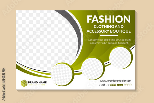 vector abstract horizontal layout banner with curve green gradient and black elements in white modern background. fashion clothing and accessory boutique flyer template with space for photo and text.