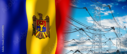Moldova - country flag and electricity pylons - 3D illustration