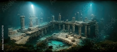 Parts of ancient architecture stand under water. Several columns are placed in the foreground. The water is a clear green color. At the bottom of the sand. Bubbles rise upward. 3D rendering