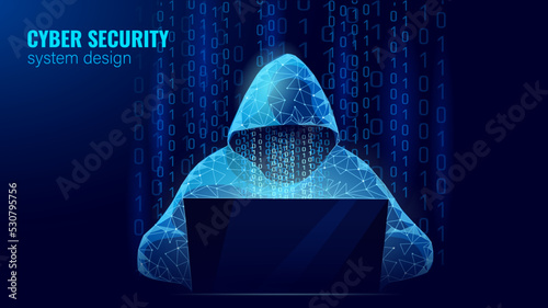 Internet security cyber attack business concept low poly. Anonymous hacker at the laptop computer blue finance danger. Server room rack polygonal point line dot geometric design vector illustration