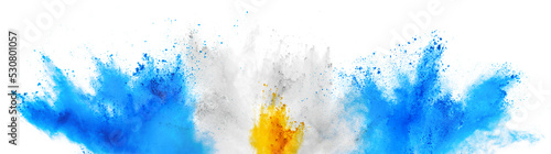 colorful argentinian flag cyan blue yellow color holi paint powder explosion isolated white background. argentina south america qatar celebration soccer travel tourism concept