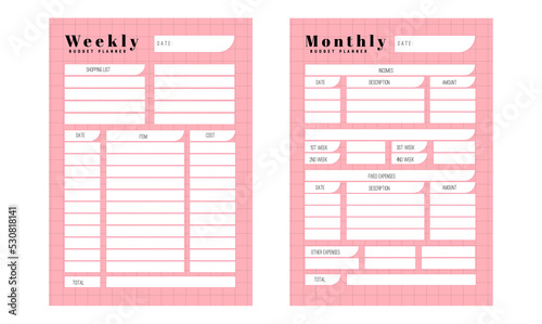 Template of personal budget plan, monthly, weekly and Trendy pink colors. Budget planner weekly and monthly
