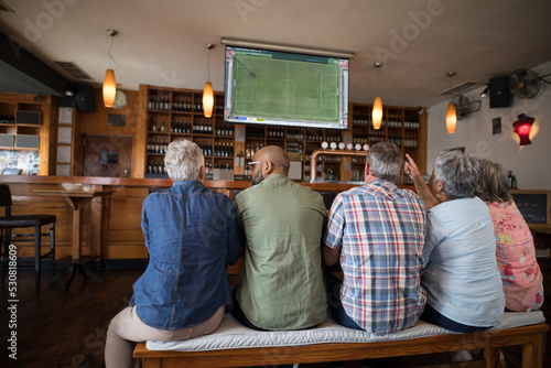 Senior diverse friends supporting and watching tv in bar with football match on screen