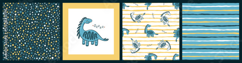 Cute Dinosaurs Vector Set. Poster and 3 Seamless Patterns for kids fashion with Cartoon Funny Dinosaur.