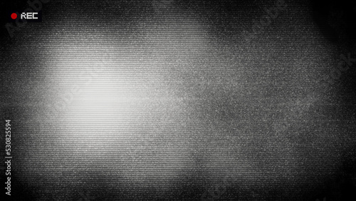 Retro CCTV or VHS video white noise background texture with red recording indicator. Vintage horizontal scanlines with vignette border. Grungy distressed horror film backdrop 8k 16:9 3D rendering.