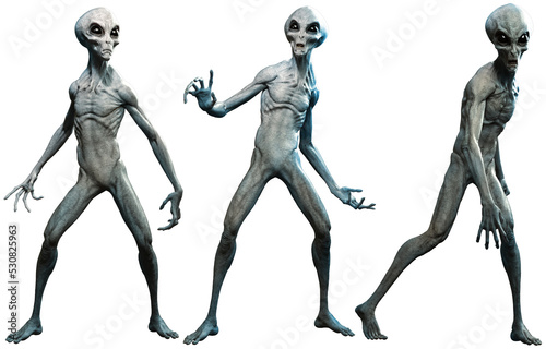 Three Grey alien 3D illustrations 