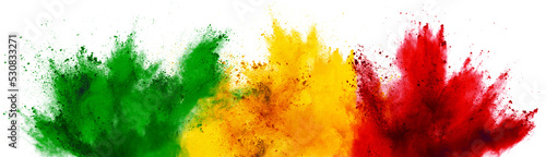 colorful ghanaian or senegalese flag green red yellow color holi paint powder explosion isolated white background. Ghana senegal africa qatar celebration soccer travel tourism concept
